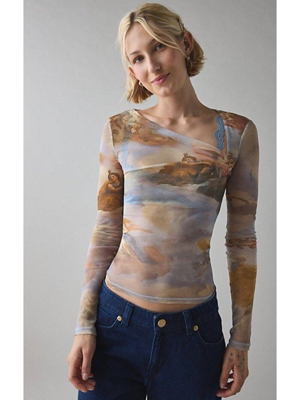 Urban Outfitters Celestial Asymmetric Sheer Mesh Top Small Blue Y2K Whimsical